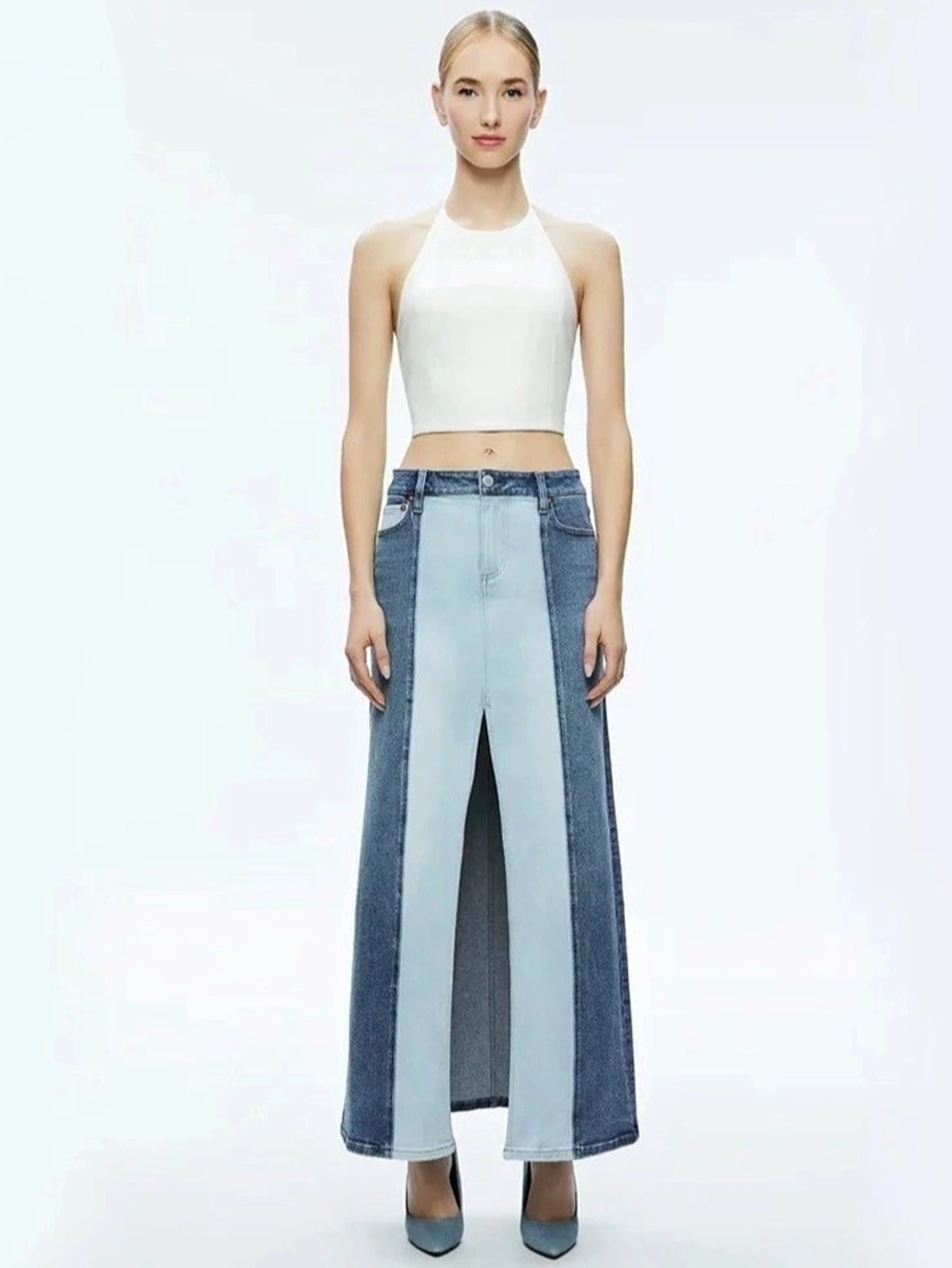 ALICE + OLIVIA - RYE DENIM TWO TONE MAXI SKIRT IN BROOKLYN/BLUE